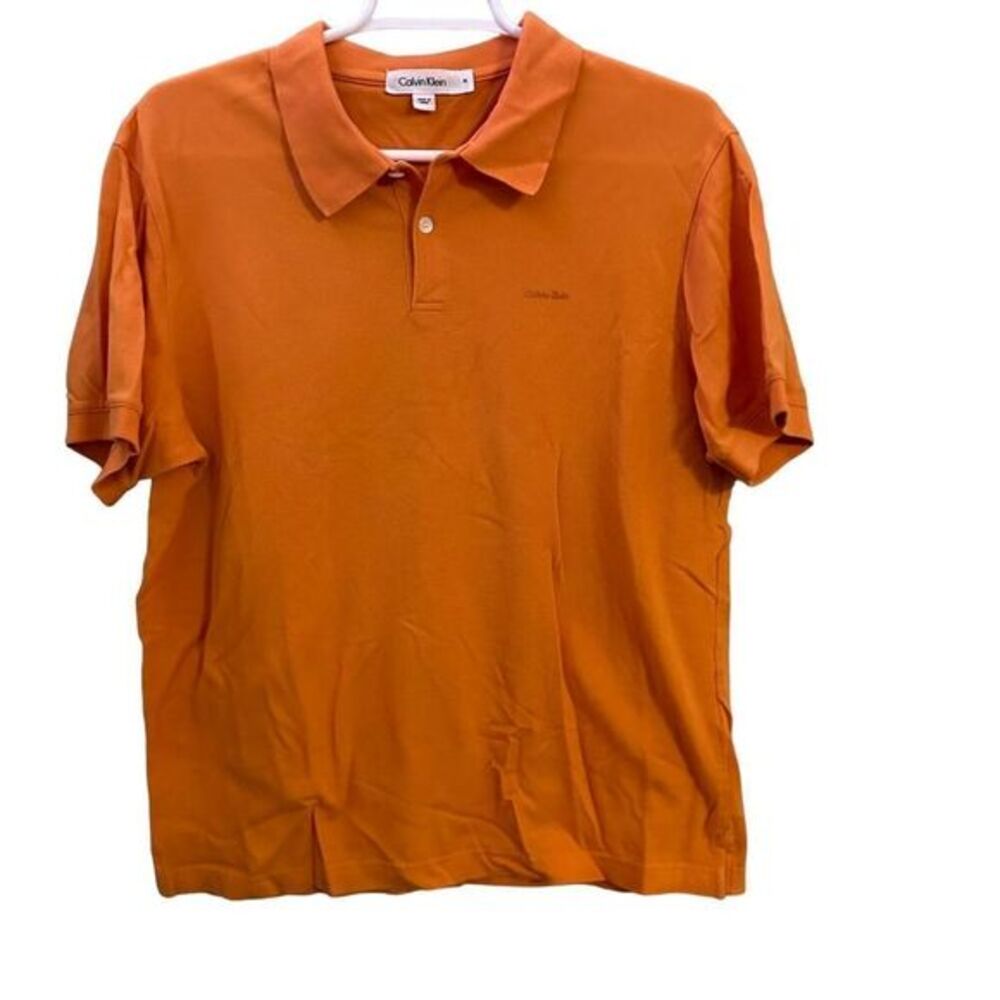 Calvin Klein Polo Shirt Mens Medium Short Sleeve Orange Regular Fit Button